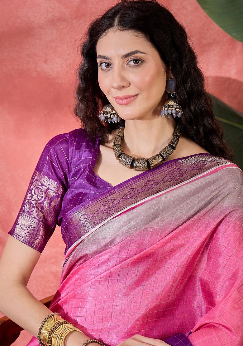 Pink Printed Silk Blend Saree Set