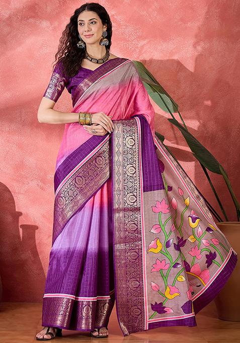 Pink Printed Silk Blend Saree Set
