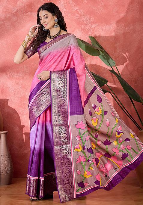 Pink Printed Silk Blend Saree Set
