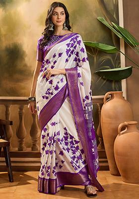 Purple Printed Silk Cotton Saree Set