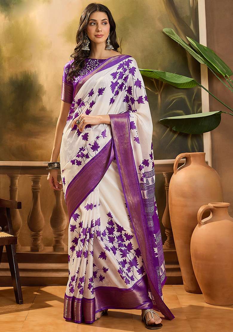 Purple Printed Silk Cotton Saree Set - Indya