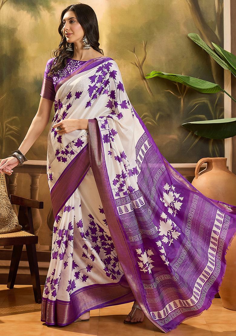 Purple Printed Silk Cotton Saree Set