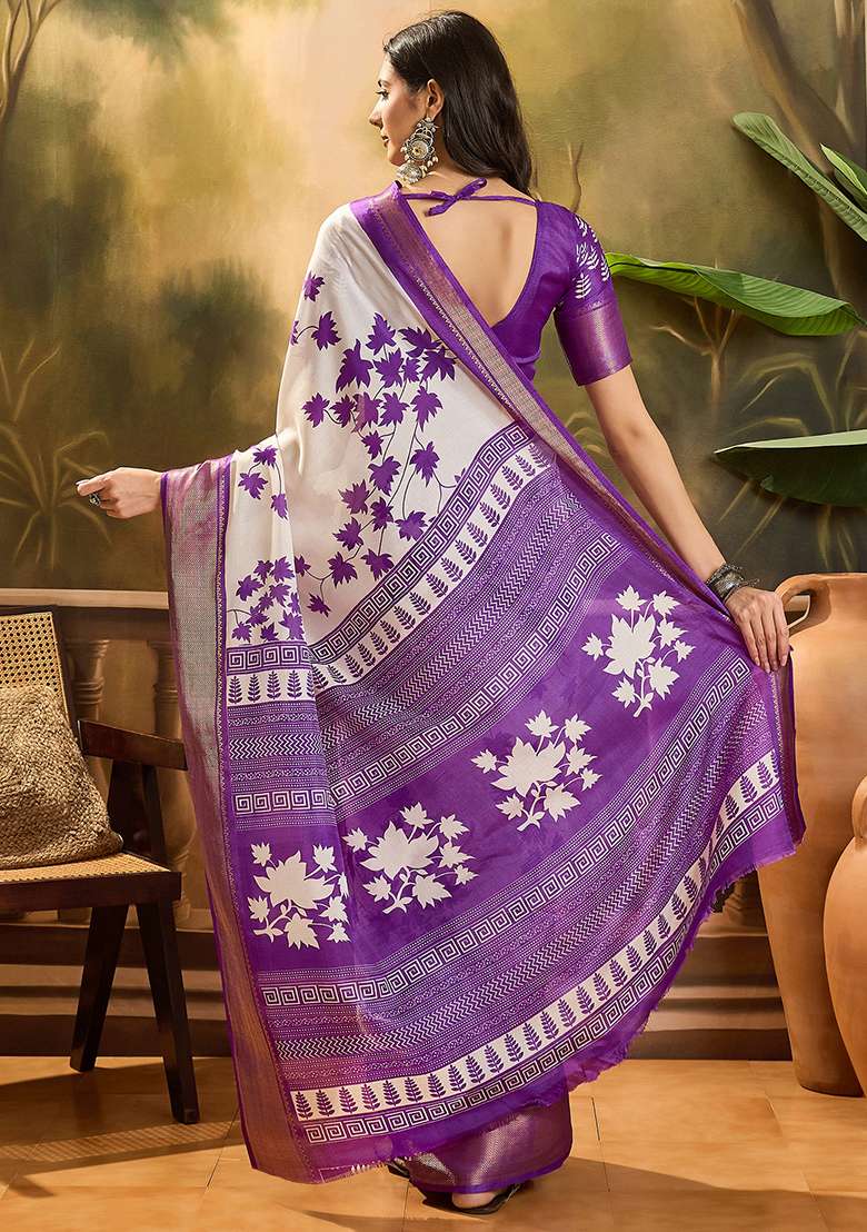 Purple Printed Silk Cotton Saree Set - Indya
