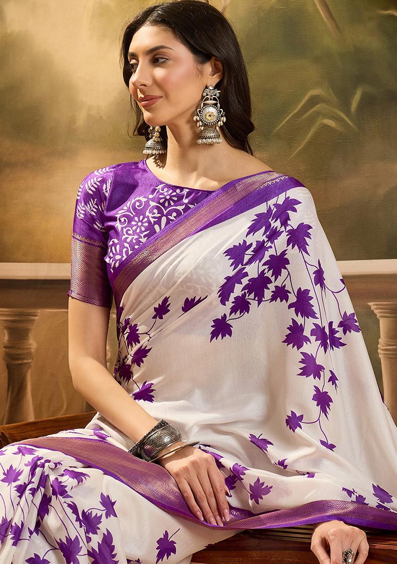 Purple Printed Silk Cotton Saree Set