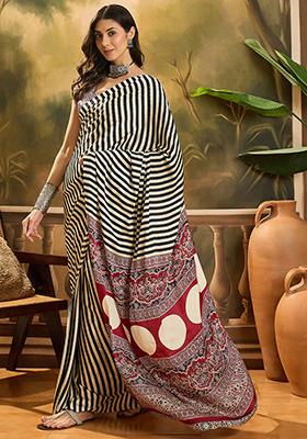 Black Printed Satin Saree Set