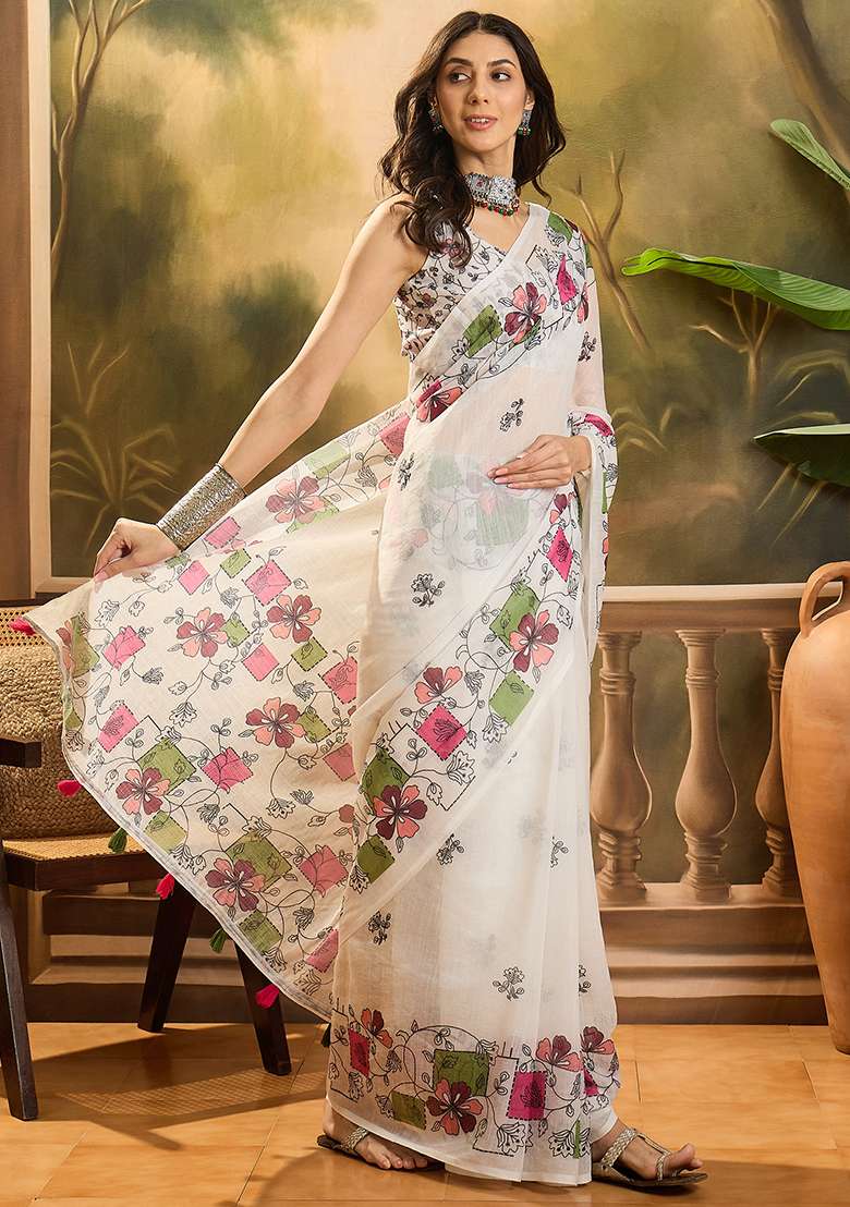 Cream Printed Linen Saree Set - Indya