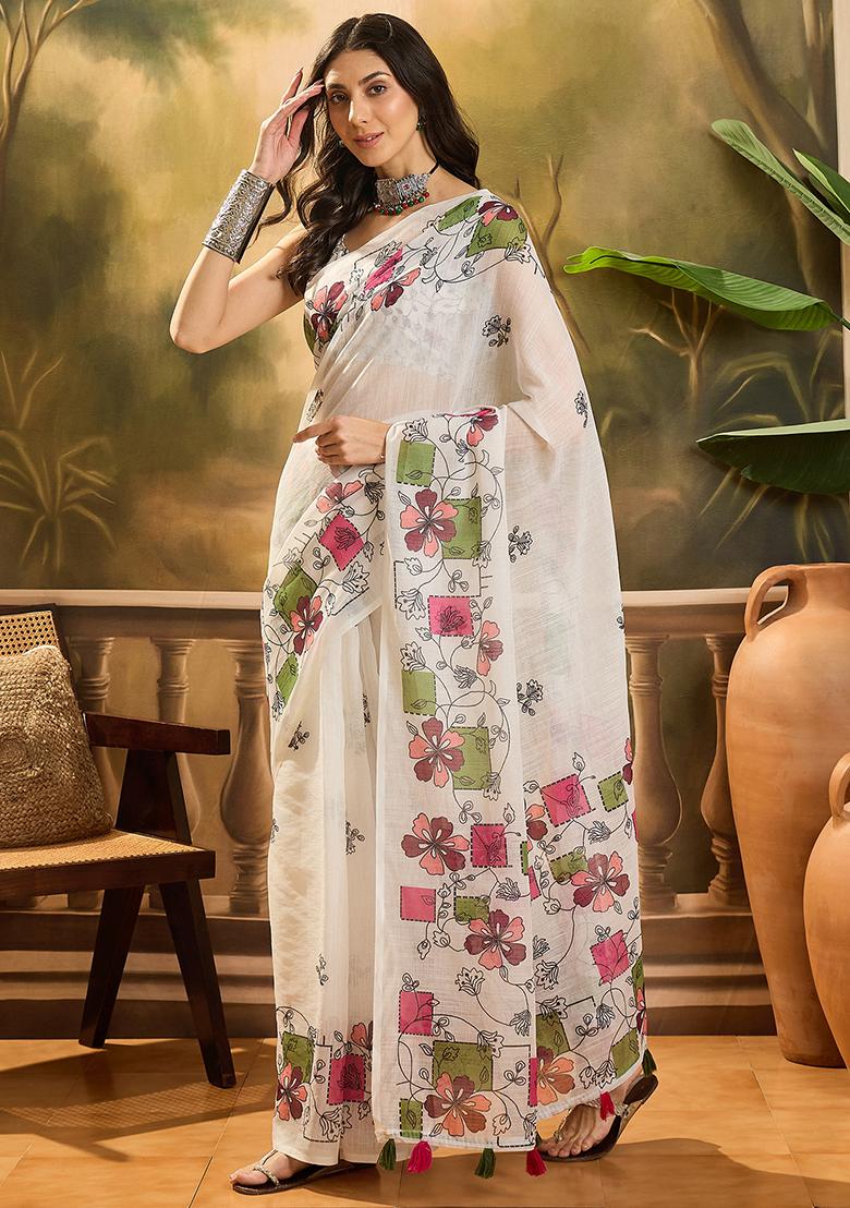 Cream Printed Linen Saree Set