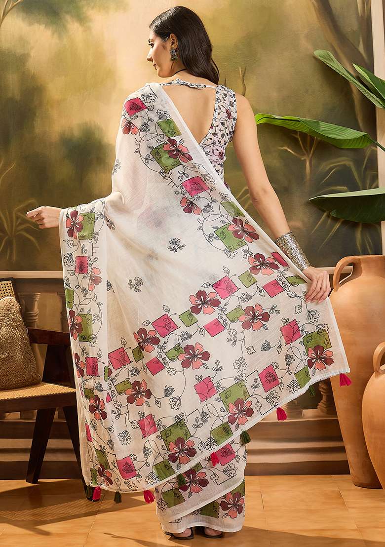 Cream Printed Linen Saree Set - Indya