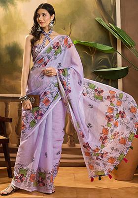 Lilac Printed Linen Saree Set