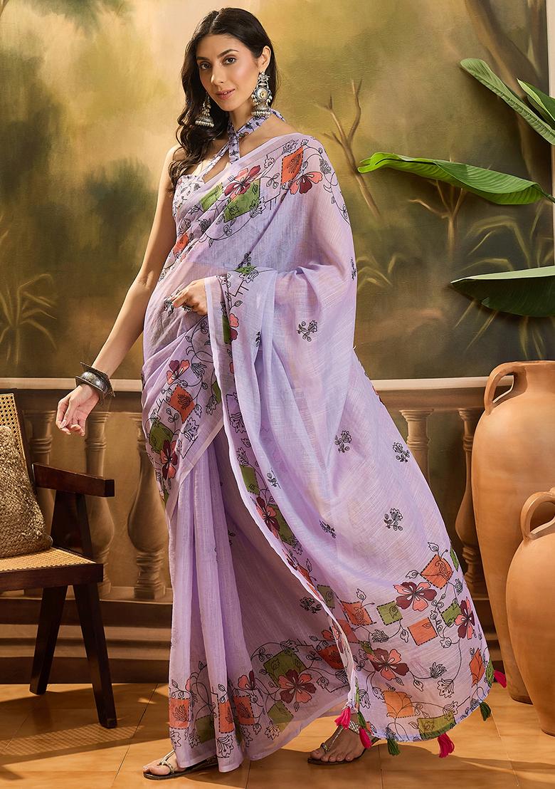 Lilac Printed Linen Saree Set