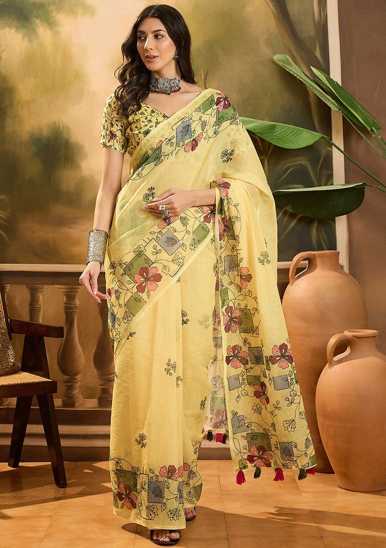 Yellow Printed Linen Saree Set - Indya