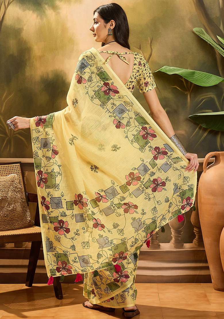 Yellow Printed Linen Saree Set - Indya