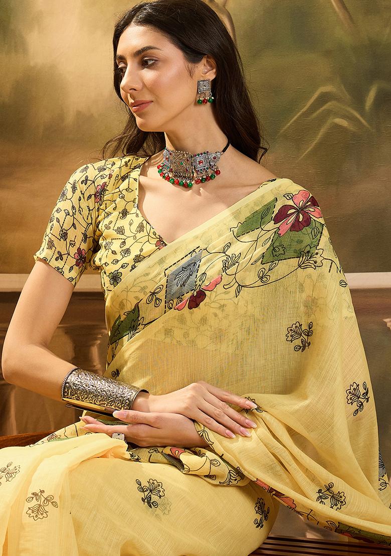 Yellow Printed Linen Saree Set