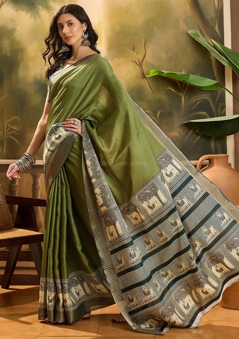 Green Printed Silk Blend Saree Set