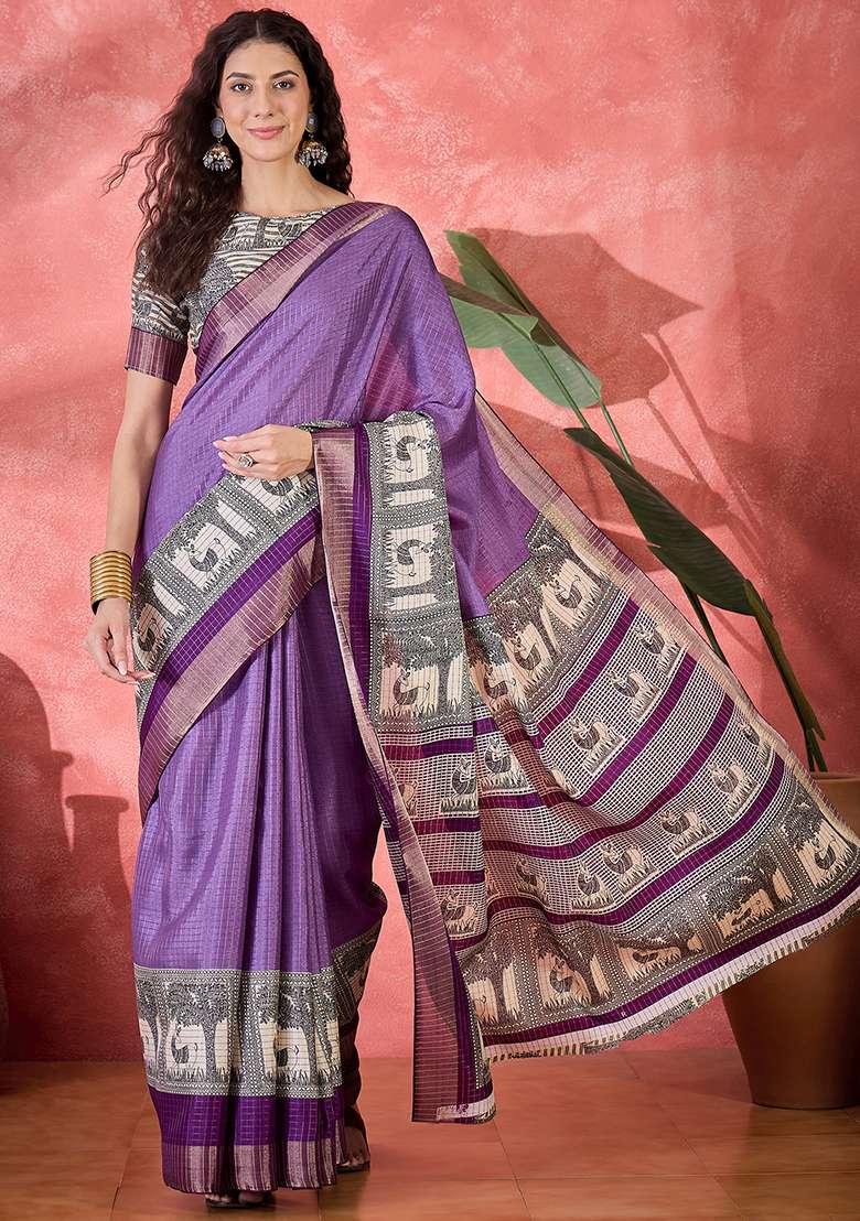 Lavender Printed Silk Blend Saree Set for Diwali and Festive Wear - Indya