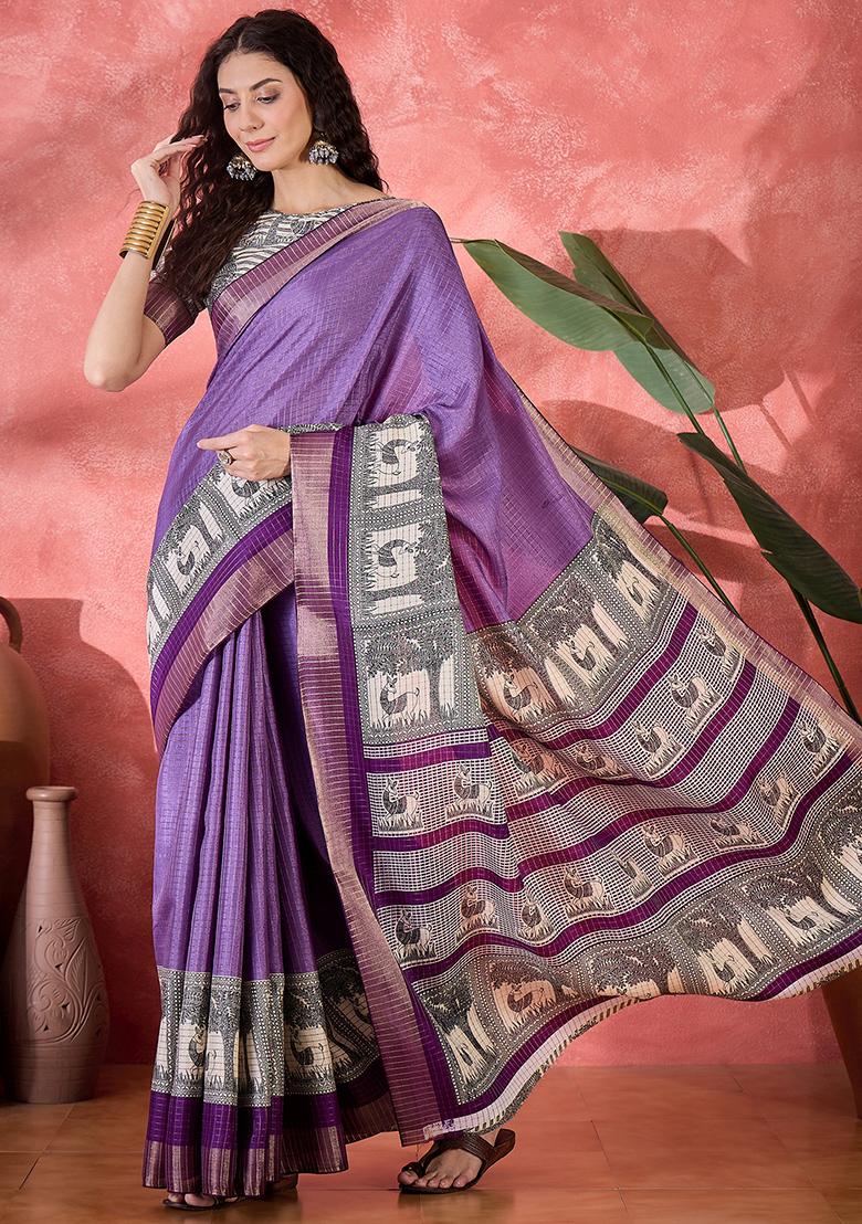 Lavender Printed Silk Blend Saree Set