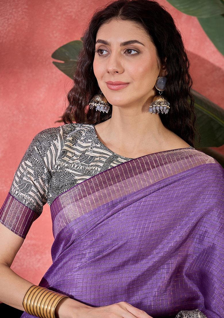 Lavender Printed Silk Blend Saree Set
