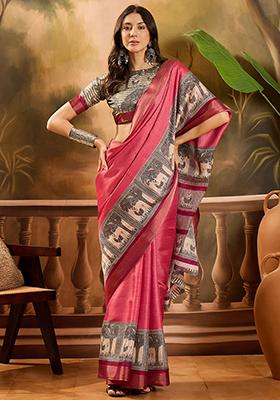 Pink Printed Silk Blend Saree Set