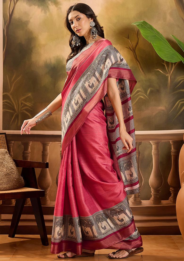 Pink Printed Silk Blend Saree Set