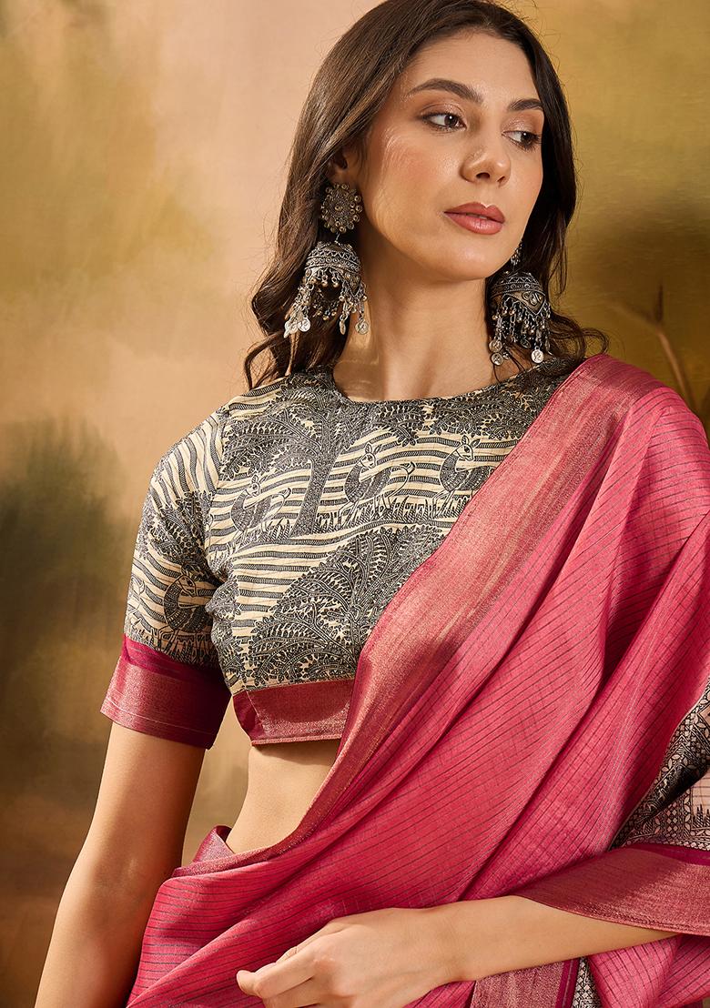 Pink Printed Silk Blend Saree Set