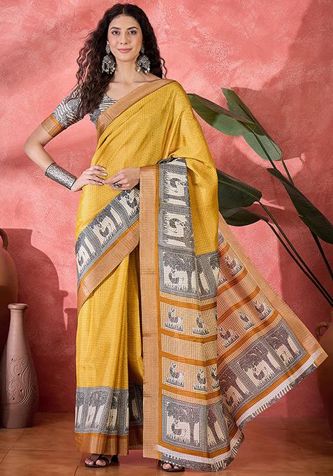 Mustard Yellow Printed Silk Blend Saree Set