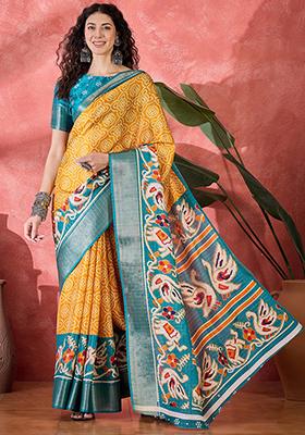 Mustard Yellow Bandhani Silk Blend Saree Set