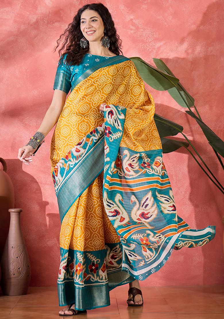 Mustard Yellow Bandhani Silk Blend Saree Set