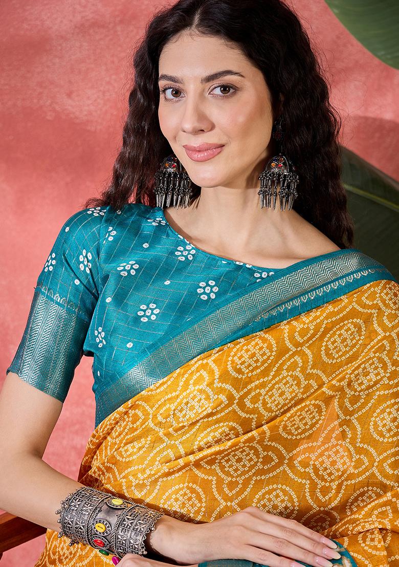 Mustard Yellow Bandhani Silk Blend Saree Set