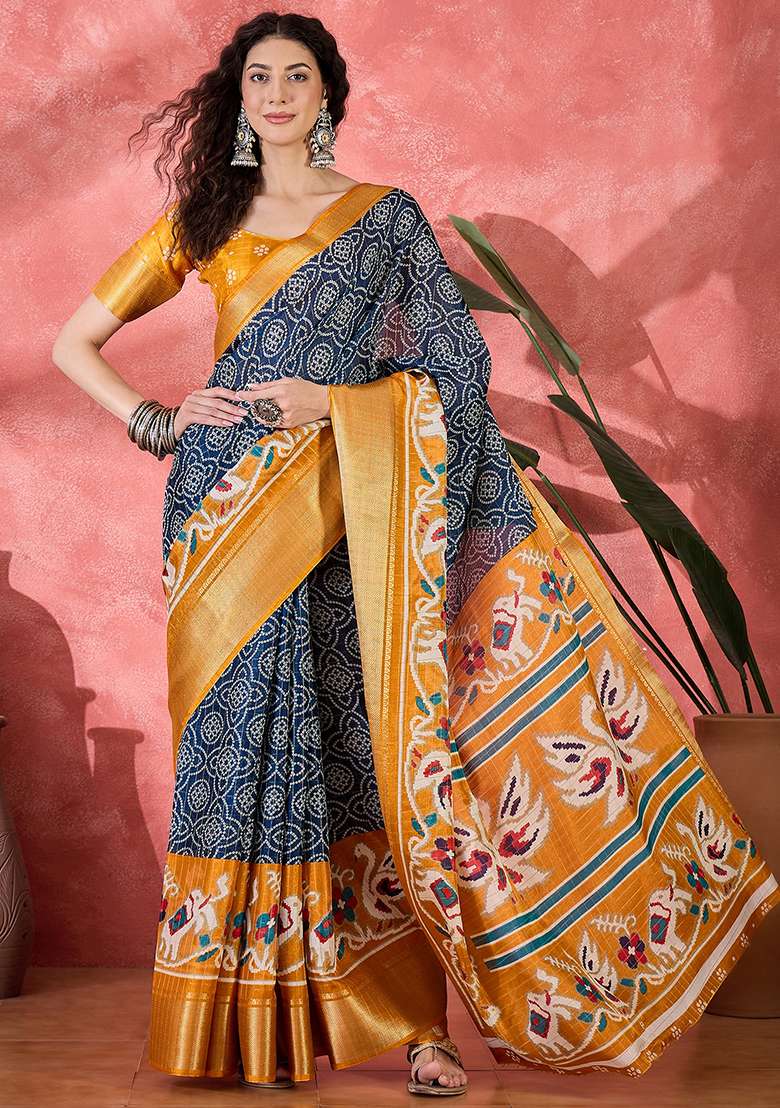 Navy Blue Bandhani Silk Blend Saree Set for Diwali | Wedding & Festive Wear - Indya