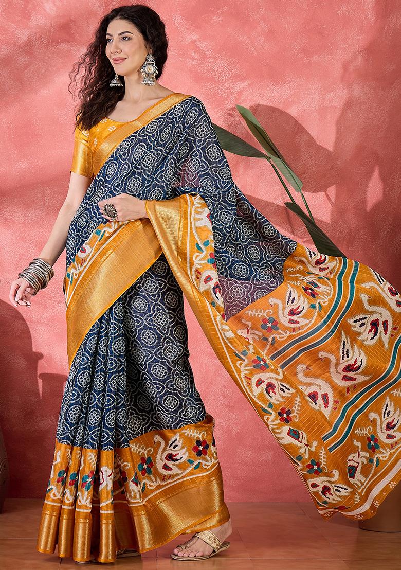 Navy Blue Bandhani Silk Blend Saree Set