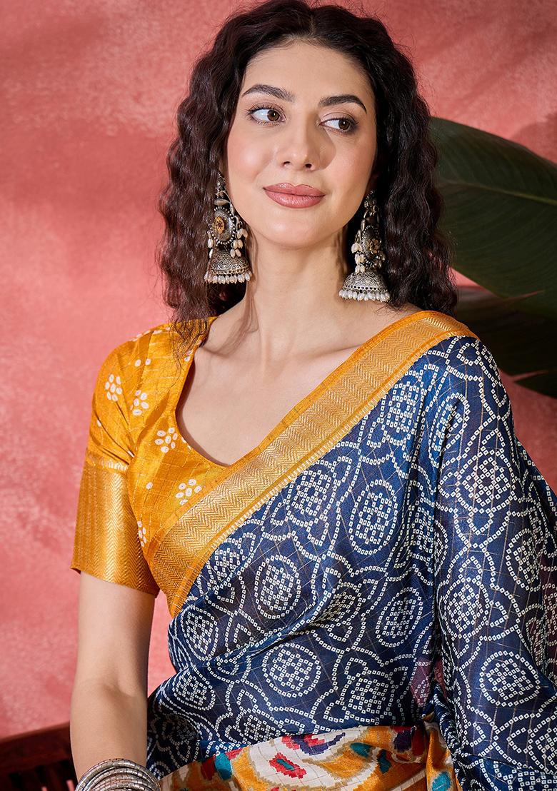 Navy Blue Bandhani Silk Blend Saree Set