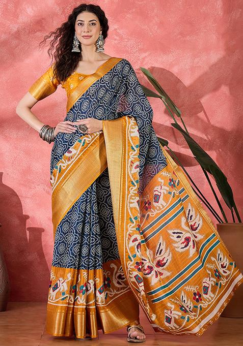 Navy Blue Bandhani Silk Blend Saree Set