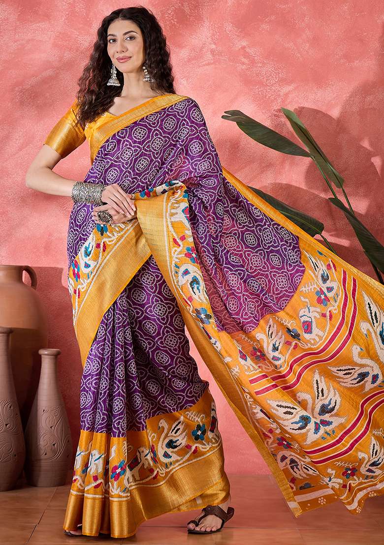 Purple Bandhani Silk Blend Saree Set for Diwali and Festive Wear - Indya