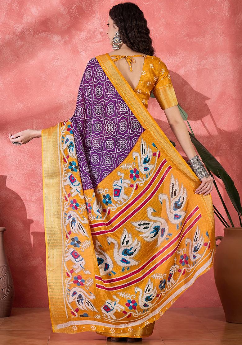 Purple Bandhani Silk Blend Saree Set