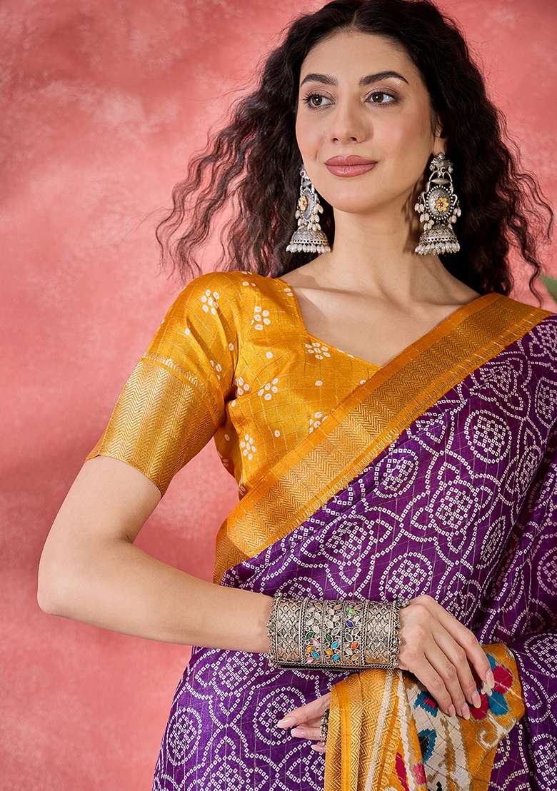 Purple Bandhani Silk Blend Saree Set for Diwali and Festive Wear - Indya