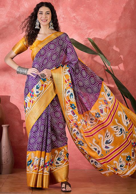 Purple Bandhani Silk Blend Saree Set