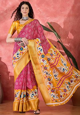 Rani Pink Bandhani Silk Blend Saree Set