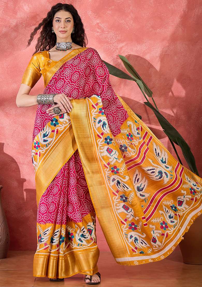 Rani Pink Bandhani Silk Blend Saree Set for Diwali and Festive Wear - Indya