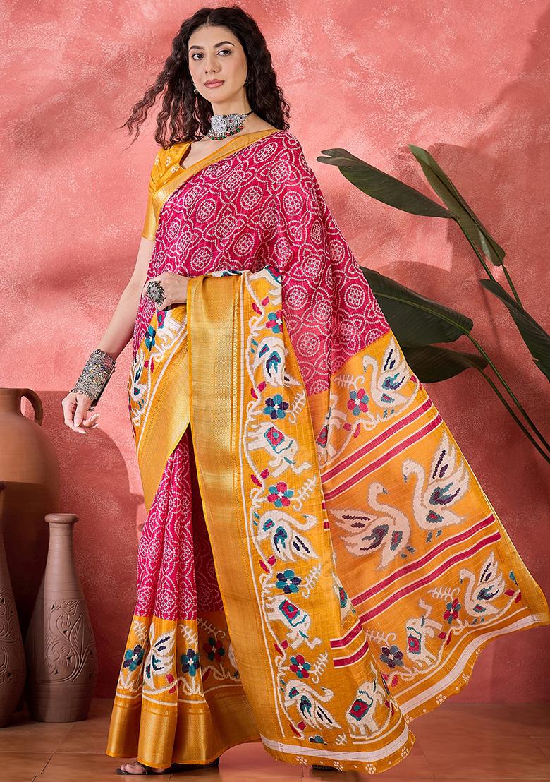 Rani Pink Bandhani Silk Blend Saree Set