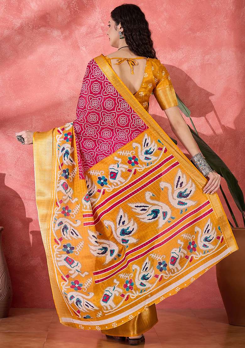 Rani Pink Bandhani Silk Blend Saree Set for Diwali and Festive Wear - Indya