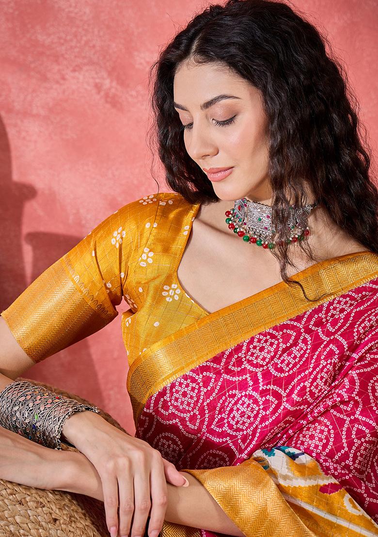 Rani Pink Bandhani Silk Blend Saree Set