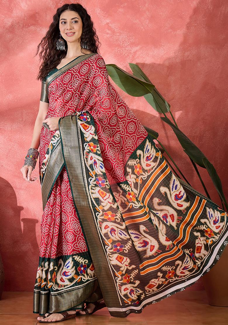 Red Bandhani Silk Blend Saree Set