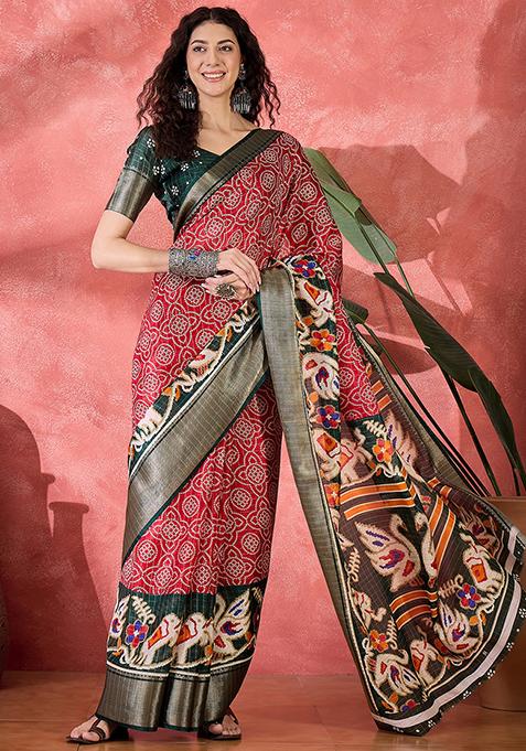 Red Bandhani Silk Blend Saree Set