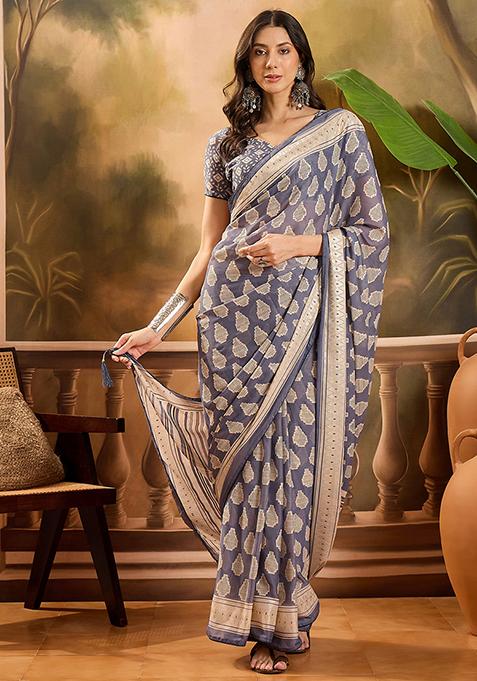Grey Foil Print Chiffon Saree Set