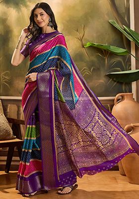 Purple Bandhani Silk Cotton Saree Set