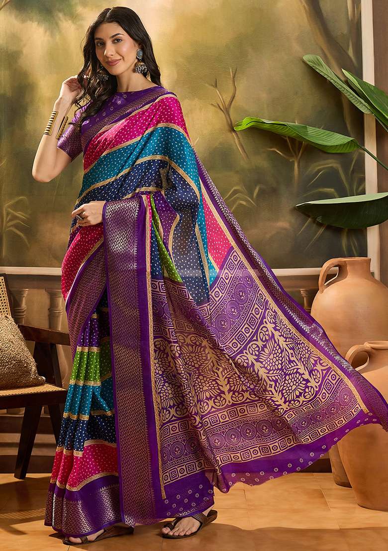 Purple Bandhani Silk Cotton Saree Set - Indya