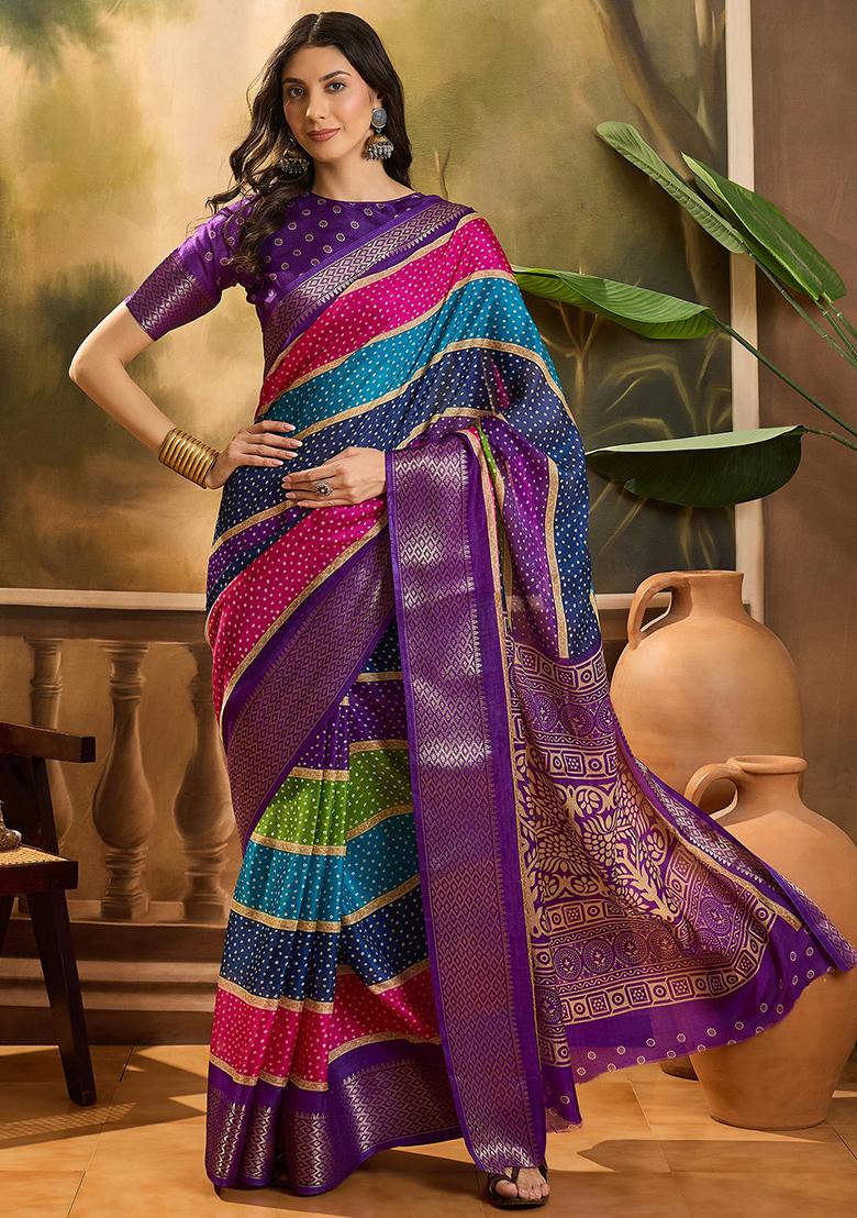 Purple Bandhani Silk Cotton Saree Set