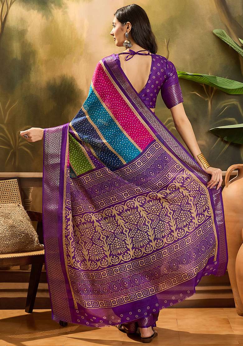 Purple Bandhani Silk Cotton Saree Set - Indya