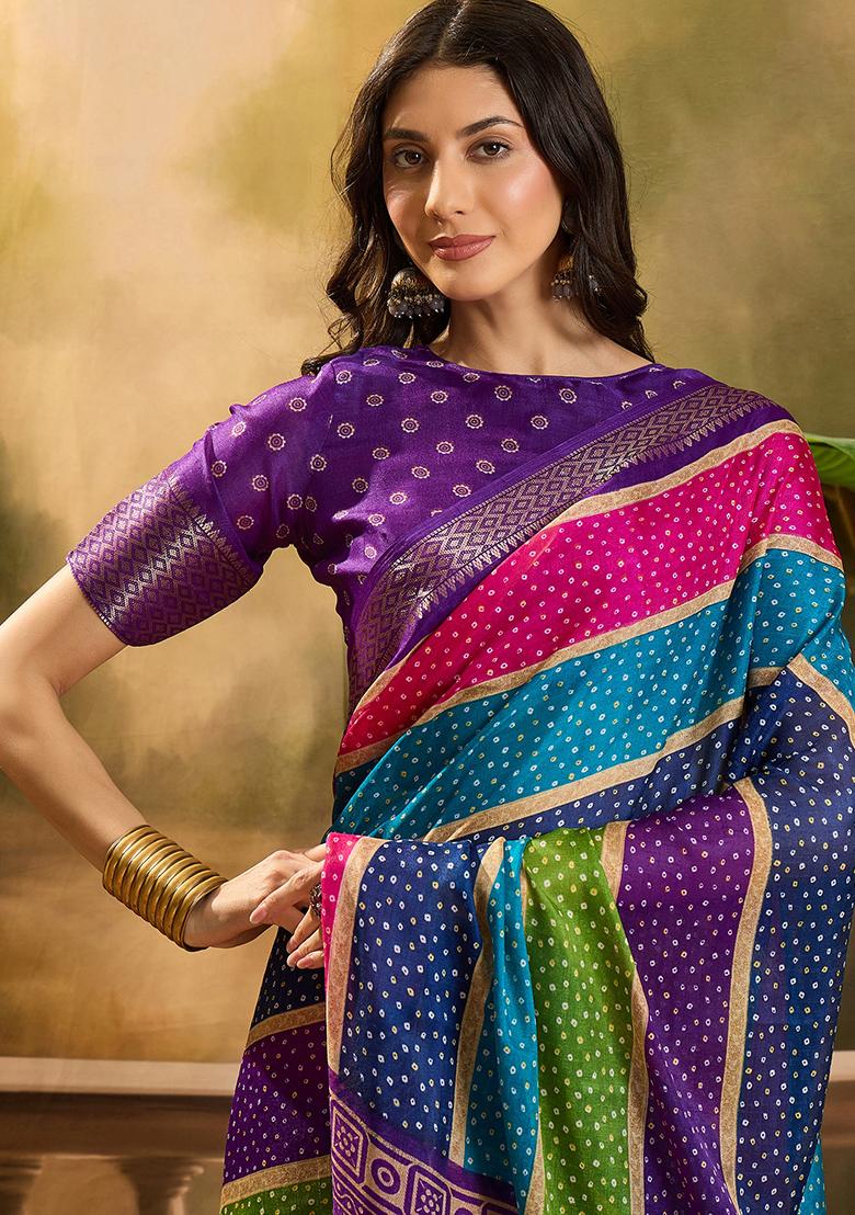 Purple Bandhani Silk Cotton Saree Set