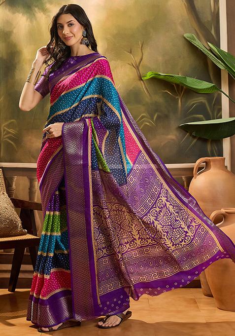 Purple Bandhani Silk Cotton Saree Set